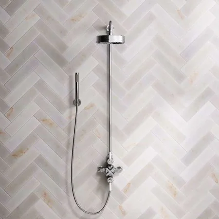 Bayor Dual Outlet Exposed Shower with Handshower Hook, 8" Rose & White Levers in Chrome