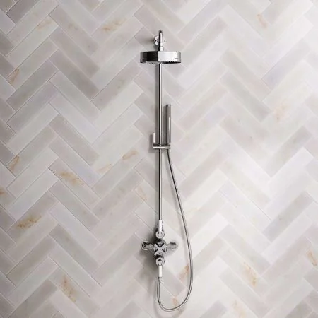 Bayor Dual Outlet Exposed Shower with Riser Mounted Handshower, 8" Rose & White Levers in Chrome
