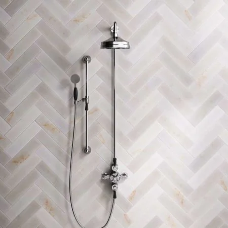 Linton Dual Outlet Exposed Shower with Slider Rail, 8" Rose & Black Levers in Chrome