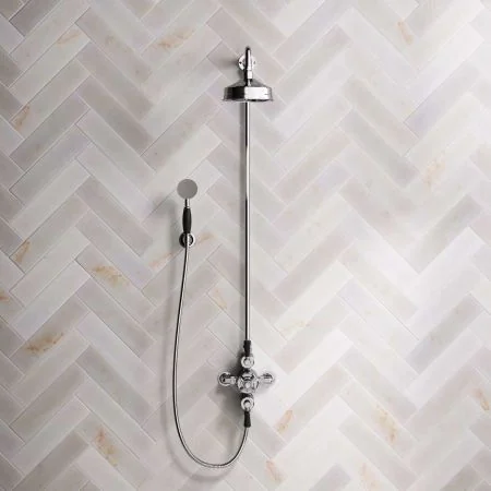 Linton Dual Outlet Exposed Shower with Handshower Hook, 6" Rose & Black Levers in Chrome
