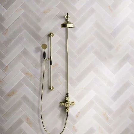 Linton Dual Outlet Shower Kit - Exposed Valve - 6 inch Rose - Black Ceramic Lever - Handshower Slider-Rail - Timeless Brass