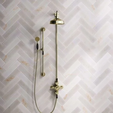 Linton Dual Outlet Shower Kit - Exposed Valve - 8 inch Rose - Black Ceramic Lever - Handshower Slider-Rail - Timeless Brass