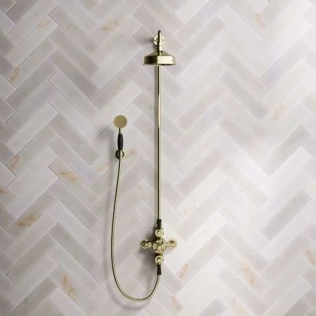 Linton Dual Outlet Shower Kit - Exposed Valve - 6 inch Rose - Black Ceramic Lever - Handshower Hook - Timeless Brass
