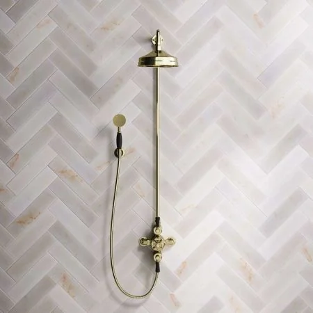 Linton Dual Outlet Shower Kit - Exposed Valve - 8 inch Rose - Black Ceramic Lever - Handshower Hook - Timeless Brass