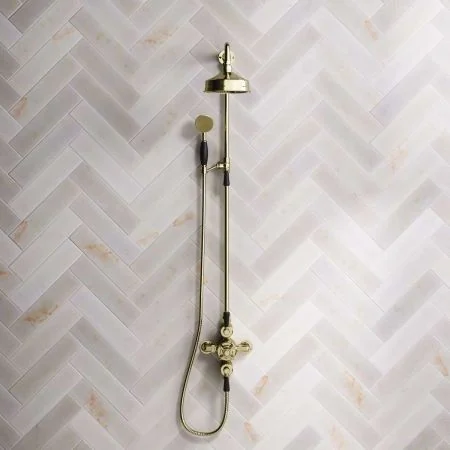 Linton Dual Outlet Shower Kit - Exposed Valve - 6 inch Rose - Black Ceramic Lever - Handshower Mounted on Riser-Rail - Timeless Brass
