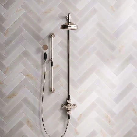 Linton Dual Outlet Exposed Shower with Slider Rail, 8" Rose & Black Levers in Polished Nickel