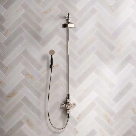 Linton Dual Outlet Exposed Shower with Handshower Hook, 6" Rose & Black Levers in Polished Nickel
