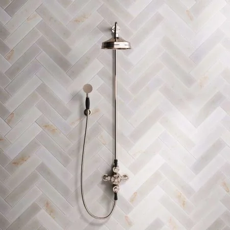 Linton Dual Outlet Exposed Shower with Handshower Hook, 8" Rose & Black Levers in Polished Nickel