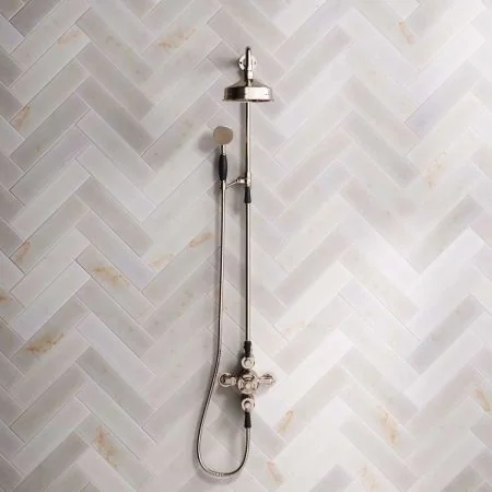 Linton Dual Outlet Exposed Shower with Riser Mounted Handshower 6" Rose & Black Lever in Polished Nickel