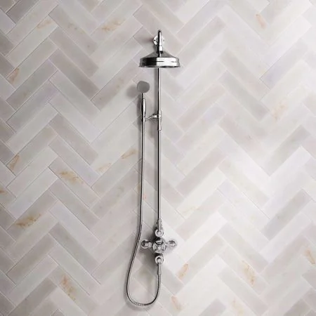 Linton Dual Outlet Exposed Shower with Riser Mounted Handshower, 8" Rose & Metal Levers in Chrome