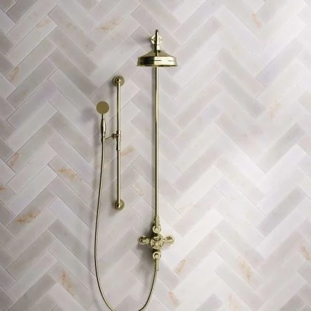 Linton Dual Outlet Shower Kit - Exposed Valve - 8 inch Rose - Metal Lever - Handshower Slider-Rail - Timeless Brass