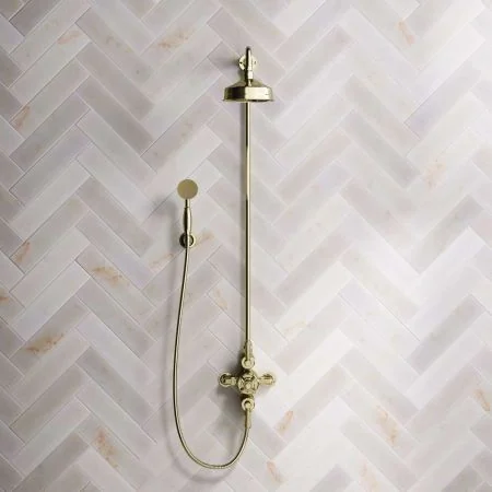 Linton Dual Outlet Shower Kit - Exposed Valve - 6 inch Rose - Metal Lever - Handshower Hook - Timeless Brass