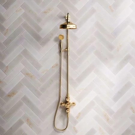 Linton Dual Outlet Shower Kit - Exposed Valve - 8 inch Rose - Metal Lever - Handshower Mounted on Riser-Rail - Living Brass