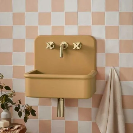 Laszlo Rectangular Concrete Basin With Backsplash - Three Tap Holes - Freestanding - Ochre Yellow
