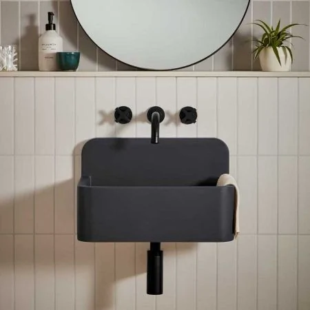 Oskar Rectangular Concrete Basin With Backsplash - Freestanding - Charcoal Grey