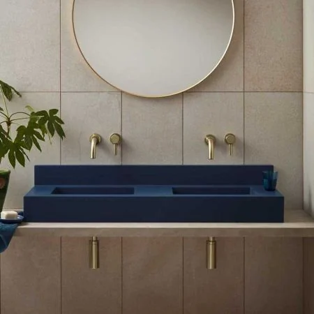 Xanti Rectangular Concrete Double Basin With Backsplash - Freestanding - Midnight Blue