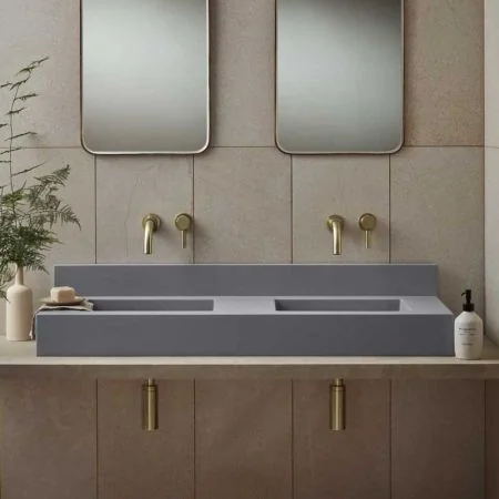 Xanti Rectangular Concrete Double Basin With Backsplash - Freestanding - Cool Grey