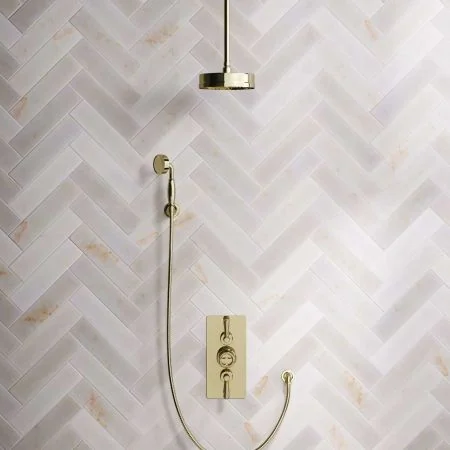 Klee Dual Outlet Concealed Shower with Hook Mount, 210mm Ceiling Arm & 8" Rose - Metal Lever - Timeless Brass