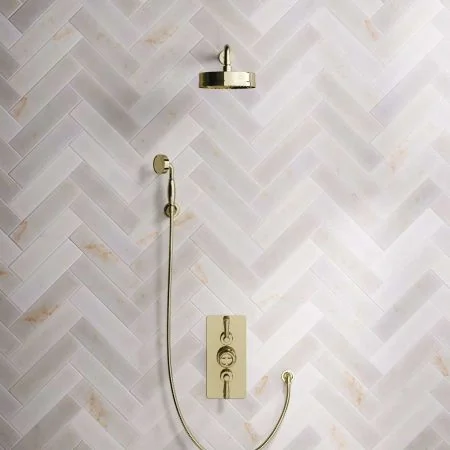 Klee Dual Outlet Concealed Shower with Hook Mount, 500mm Wall Arm & 8" Rose - Metal Lever - Timeless Brass