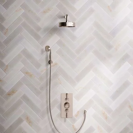 Klee Dual Outlet Concealed Shower with Hook Mount, 300mm Wall Arm & 8" Rose - Metal Lever - Polished Nickel
