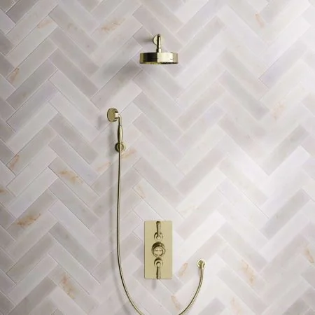 Klee Dual Outlet Concealed Shower with Hook Mount, 300mm Wall Arm & 8" Rose - Metal Lever - Timeless Brass