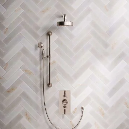 Klee Dual Outlet Concealed Shower with Slider Rail, 300mm Wall Arm & 8" Rose - Metal Lever - Polished Nickel