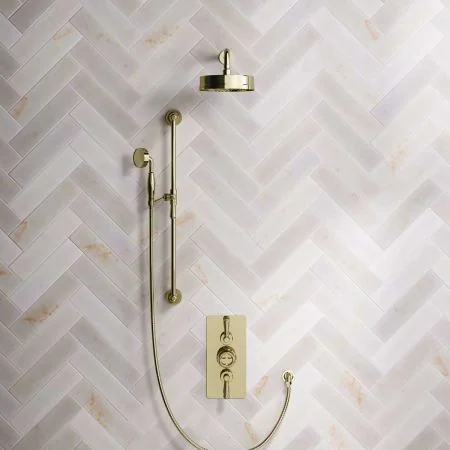 Klee Dual Outlet Concealed Shower with Slider Rail, 300mm Wall Arm & 8" Rose - Metal Lever - Timeless Brass