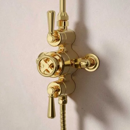 Klee Dual Outlet Exposed Shower with Rigid Riser, Mounted Handheld Shower & 8" Rose - Metal Lever - Living Brass