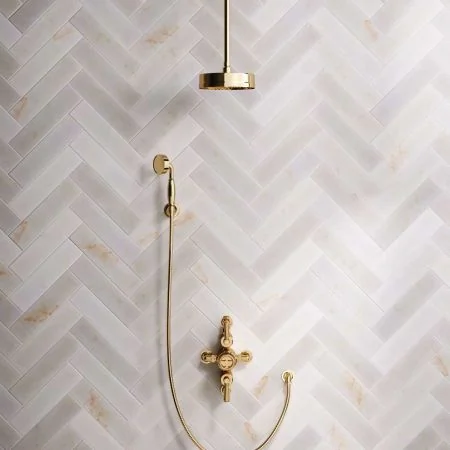 Klee Dual Outlet Semi Exposed Shower with Hook Mount, 210mm Ceiling Arm & 8" Rose - Metal Lever - Living Brass
