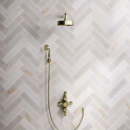 Klee Dual Outlet Semi Exposed Shower with Hook Mount, 500mm Wall Arm & 8" Rose - Metal Lever - Timeless Brass