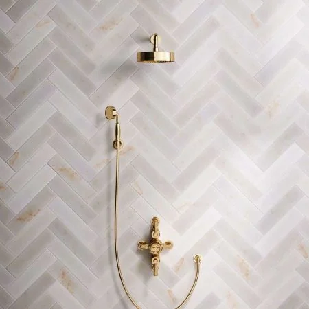 Klee Dual Outlet Semi Exposed Shower with Hook Mount, 300mm Wall Arm & 8" Rose - Metal Lever - Living Brass