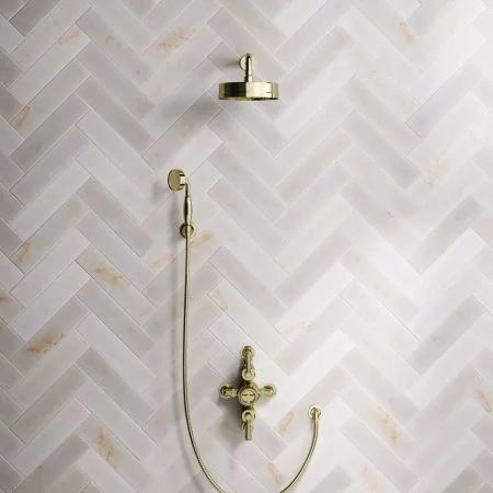 Klee Dual Outlet Semi Exposed Shower with Hook Mount, 300mm Wall Arm & 8" Rose - Metal Lever - Timeless Brass