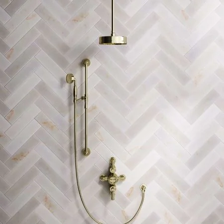 Klee Dual Outlet Semi Exposed Shower with Slider Rail, 210mm Ceiling Arm & 8" Rose - Metal Lever - Timeless Brass