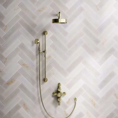 Klee Dual Outlet Semi Exposed Shower with Slider Rail, 500mm Wall Arm & 8" Rose - Metal Lever - Timeless Brass