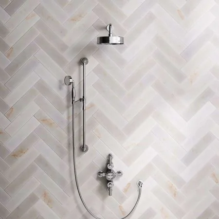 Klee Dual Outlet Semi Exposed Shower with Slider Rail, 300mm Wall Arm & 8" Rose - Metal Lever - Chrome