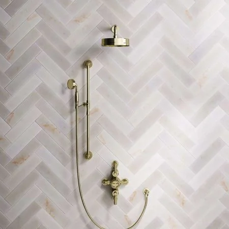 Klee Dual Outlet Semi Exposed Shower with Slider Rail, 300mm Wall Arm & 8" Rose - Metal Lever - Timeless Brass