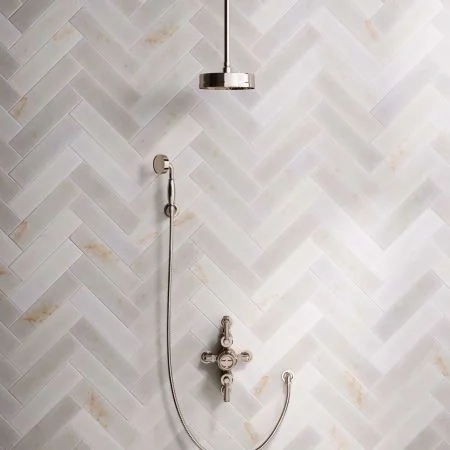 Klee Dual Outlet Semi Exposed Shower with Hook Mount, 210mm Ceiling Arm & 8" Rose - Metal Lever - Timeless Brass