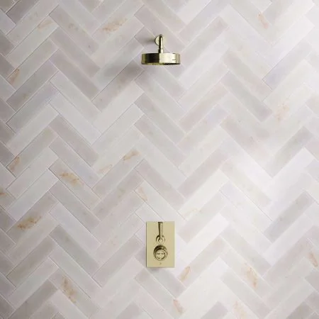 Klee Single Outlet Concealed Shower with 300mm Wall Arm & 8" Rose - Metal Lever - Timeless Brass
