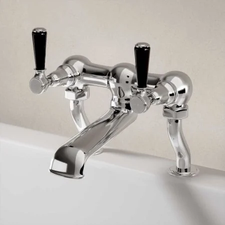 Linton Deck Mounted 2 Hole Bath Filler - Black Lever - Chrome