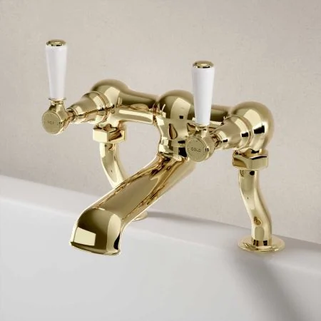 Linton Bath Filler Tap White Lever Timeless Brass 3/4BSP