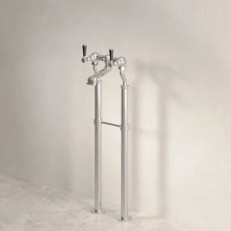 Linton Floor Mounted 2 Hole Bath Filler with 725mm Standpipes - Black Lever - Polished Nickel