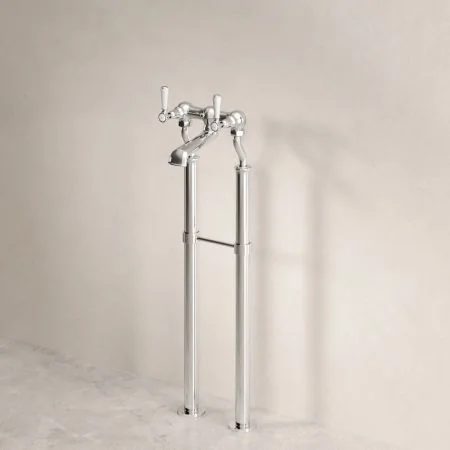 Linton Classic Floor Mounted Bath Filler with 725mm Standpipes & White Levers in Chrome