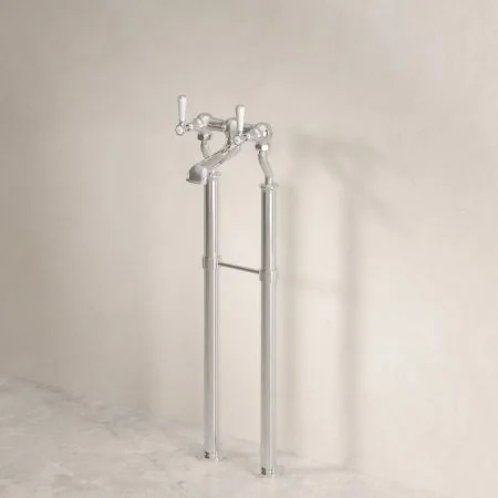 Linton Classic Floor Mounted Bath Filler with 725mm Standpipes & White Levers in Polished Nickel