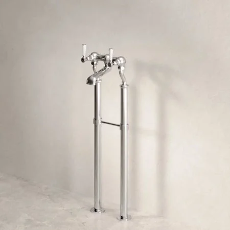 Linton Floor Mounted 2 Hole Bath Filler with 725mm Standpipes - White Lever - Chrome