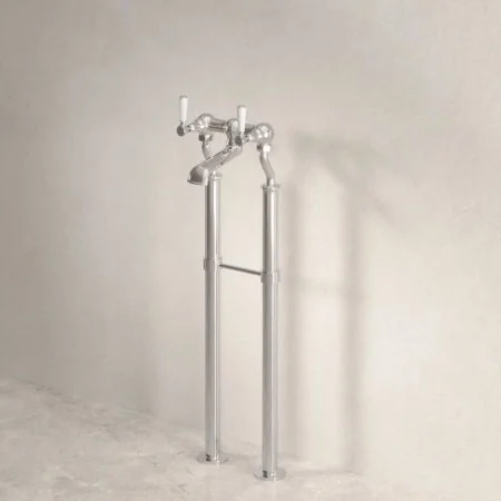 Linton Floor Mounted 2 Hole Bath Filler with 620mm Standpipes - White Lever - Polished Nickel