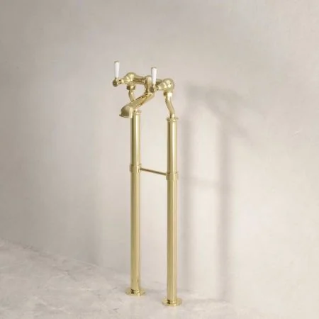 Linton Bath Filler Tap with 620mm Standpipes White Lever Timeless Brass 3/4BSP (For Baths Without Tap Holes Only)