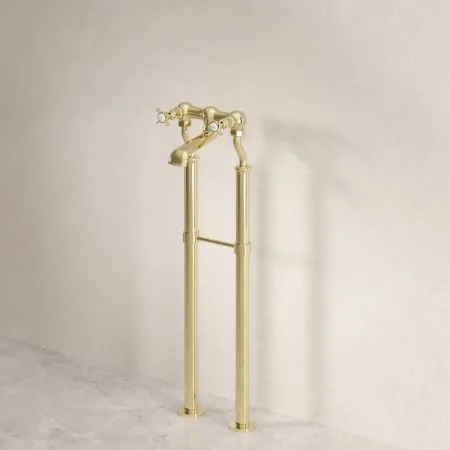 Linton Classic Floor Mounted Bath Filler with 620mm Standpipes & Crossheads in Timeless Brass