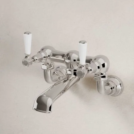 Linton Bath Filler Tap Wall Mounted White Lever Polished Nickel