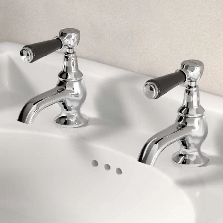 Linton Deck Mounted Basin Pillar Taps - Black Lever - Chrome