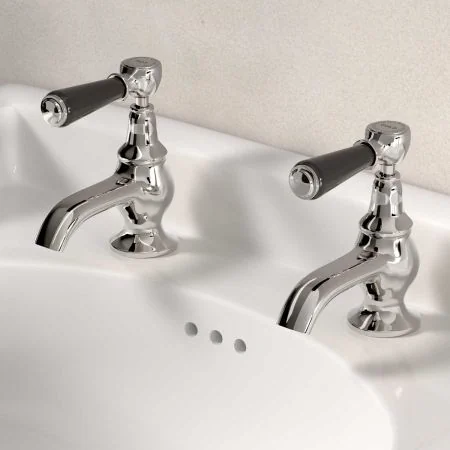 Linton Deck Mounted Basin Pillar Taps - Black Lever - Polished Nickel